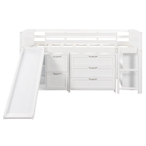Homeroots White Twin Size Low Loft Bed With Cabinets And Slide  Manufactured Wood + Solid Wood 404192