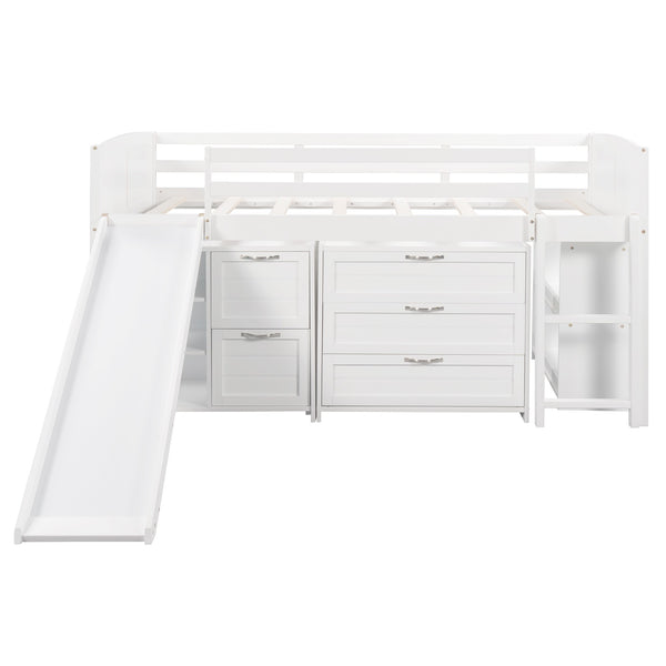 Homeroots White Twin Size Low Loft Bed With Cabinets And Slide  Manufactured Wood + Solid Wood 404192