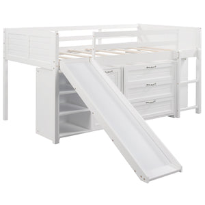 Homeroots White Twin Size Low Loft Bed With Cabinets And Slide  Manufactured Wood + Solid Wood 404192