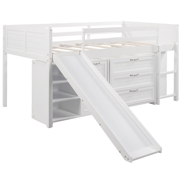Homeroots White Twin Size Low Loft Bed With Cabinets And Slide  Manufactured Wood + Solid Wood 404192