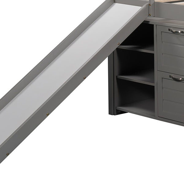 Homeroots Gray Twin Size Low Loft Bed With Cabinets And Slide  Manufactured Wood + Solid Wood 404193