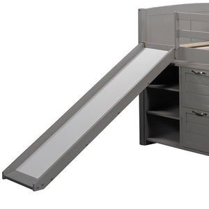 Homeroots Gray Twin Size Low Loft Bed With Cabinets And Slide  Manufactured Wood + Solid Wood 404193