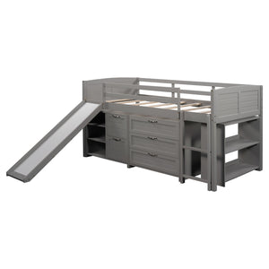 Homeroots Gray Twin Size Low Loft Bed With Cabinets And Slide  Manufactured Wood + Solid Wood 404193