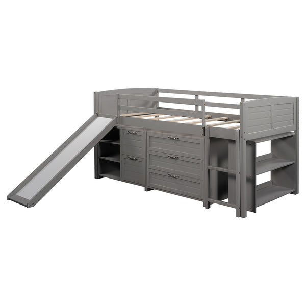 Homeroots Gray Twin Size Low Loft Bed With Cabinets And Slide  Manufactured Wood + Solid Wood 404193