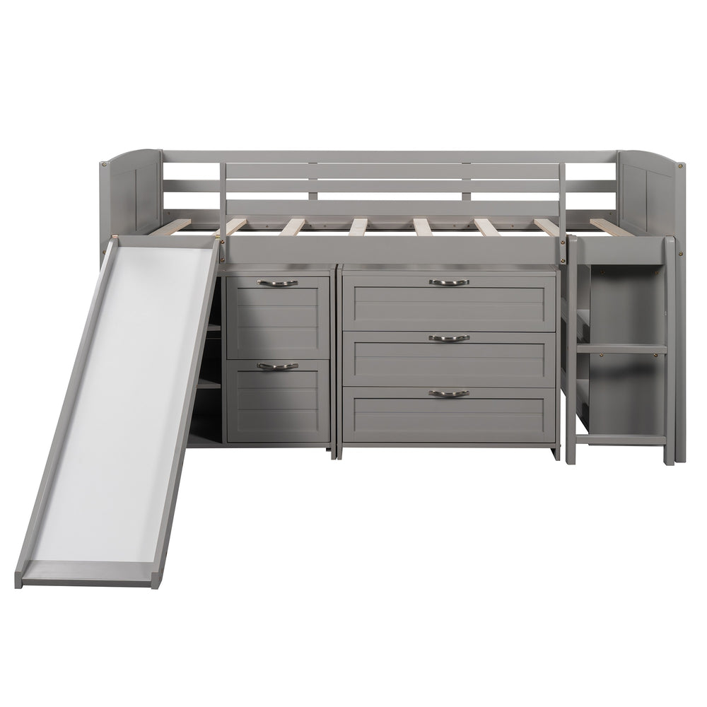 Homeroots Gray Twin Size Low Loft Bed With Cabinets And Slide  Manufactured Wood + Solid Wood 404193