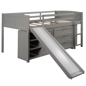 Homeroots Gray Twin Size Low Loft Bed With Cabinets And Slide  Manufactured Wood + Solid Wood 404193