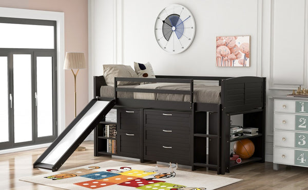 Homeroots Brown Twin Size Low Loft Bed With Cabinets And Slide  Manufactured Wood + Solid Wood 404194