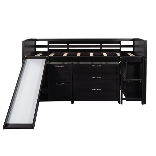 Homeroots Brown Twin Size Low Loft Bed With Cabinets And Slide  Manufactured Wood + Solid Wood 404194