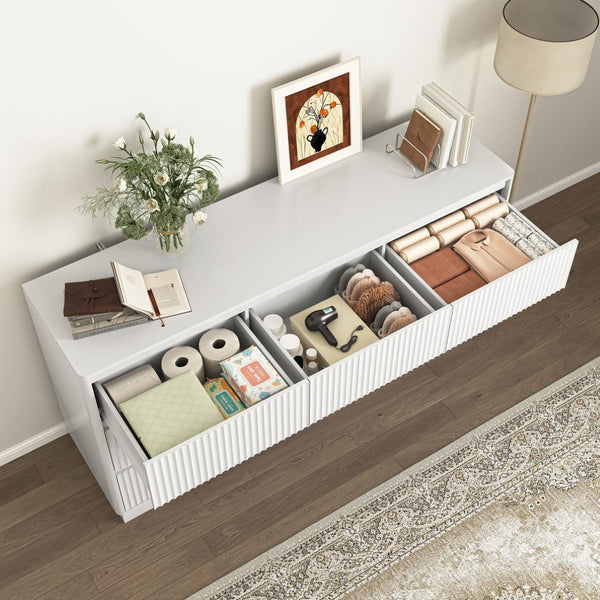 English Elm 9 Drawer Mid Century Wood Dresser Low Profile Matte Finish Bedroom Storage Cabinet White W409S00013