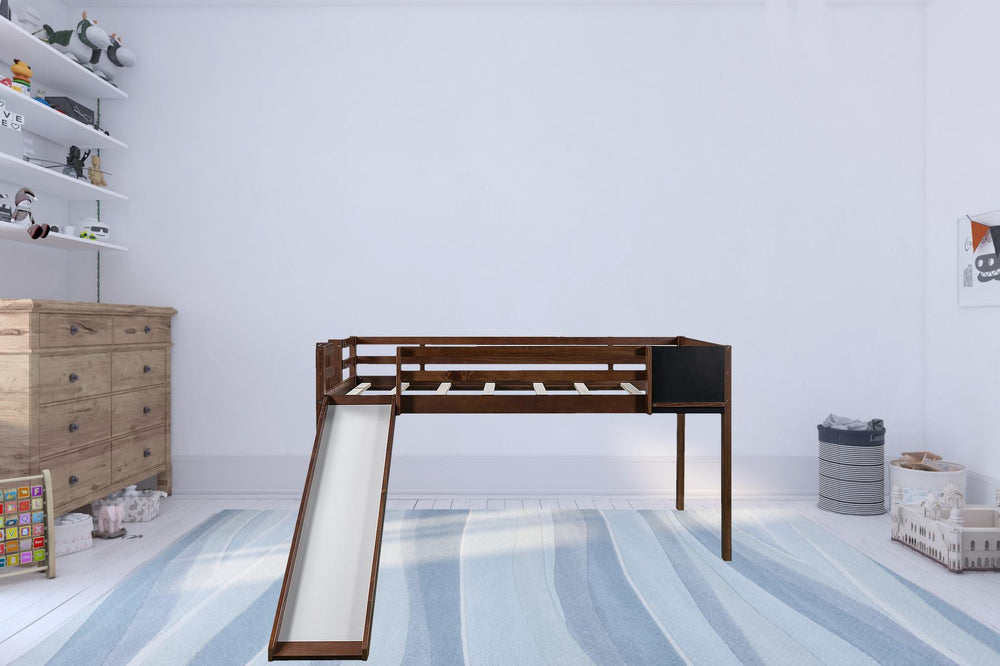 Homeroots Walnut Twin Loft Bed Bed Chalkboard And Slide  Manufactured Wood + Solid Wood 404203