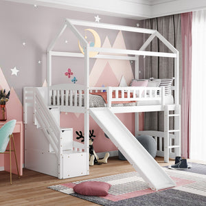 Homeroots White Twin Size Playhouse Loft Bed With Drawers And Slide  Manufactured Wood + Solid Wood 404204