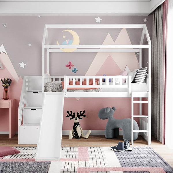 Homeroots White Twin Size Playhouse Loft Bed With Drawers And Slide  Manufactured Wood + Solid Wood 404204