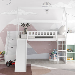 Homeroots White Twin Size Playhouse Loft Bed With Drawers And Slide  Manufactured Wood + Solid Wood 404204