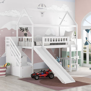 Homeroots White Twin Size Playhouse Loft Bed With Drawers And Slide  Manufactured Wood + Solid Wood 404204