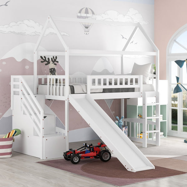 Homeroots White Twin Size Playhouse Loft Bed With Drawers And Slide  Manufactured Wood + Solid Wood 404204