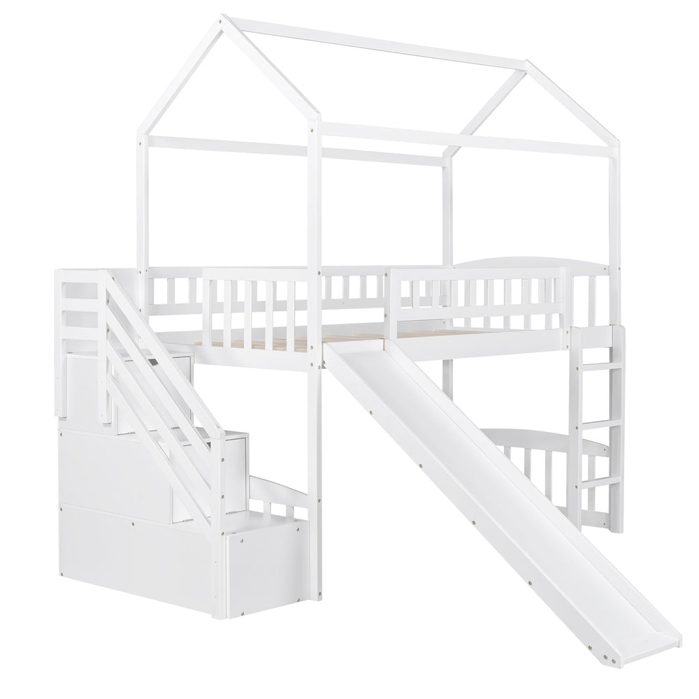 Homeroots White Twin Size Playhouse Loft Bed With Drawers And Slide  Manufactured Wood + Solid Wood 404204