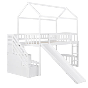 Homeroots White Twin Size Playhouse Loft Bed With Drawers And Slide  Manufactured Wood + Solid Wood 404204