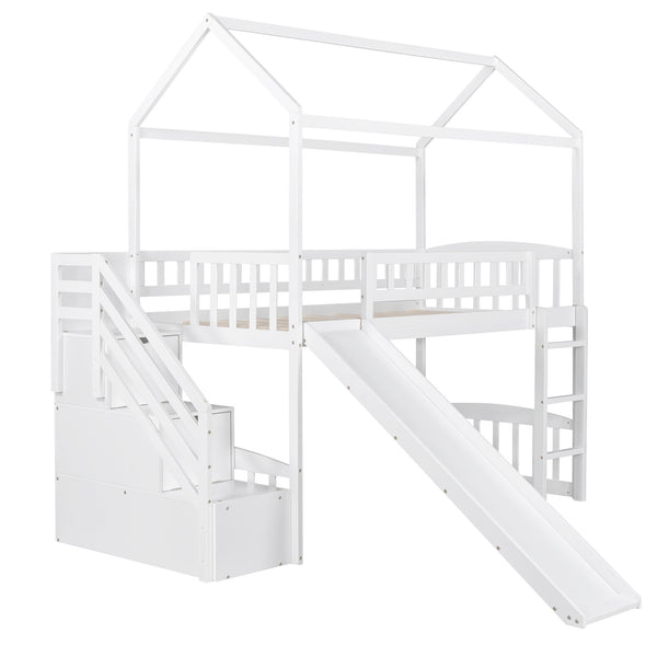 Homeroots White Twin Size Playhouse Loft Bed With Drawers And Slide  Manufactured Wood + Solid Wood 404204