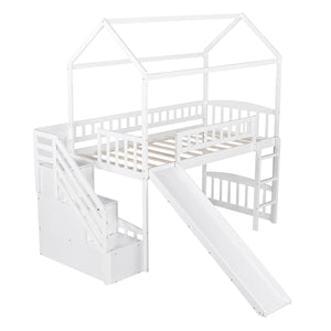 Homeroots White Twin Size Playhouse Loft Bed With Drawers And Slide  Manufactured Wood + Solid Wood 404204