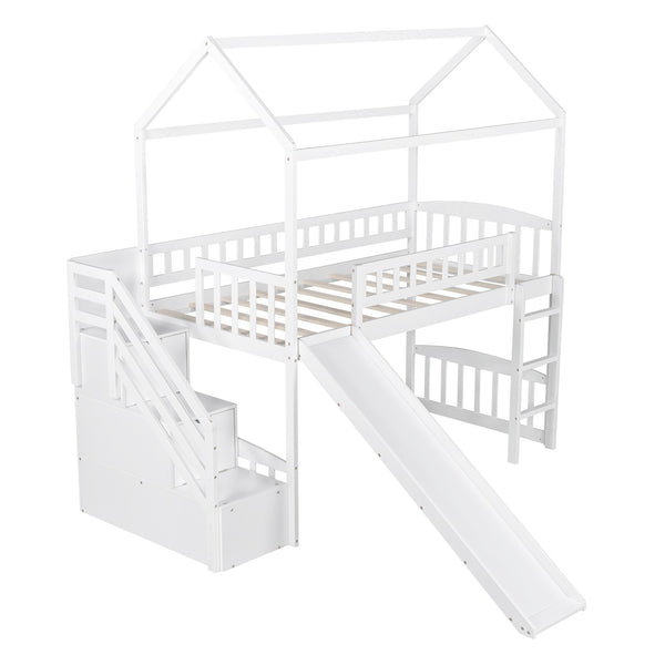 Homeroots White Twin Size Playhouse Loft Bed With Drawers And Slide  Manufactured Wood + Solid Wood 404204