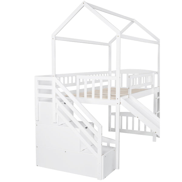 Homeroots White Twin Size Playhouse Loft Bed With Drawers And Slide  Manufactured Wood + Solid Wood 404204