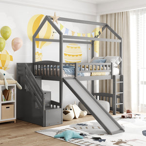 Homeroots Gray Twin Size Playhouse Loft Bed With Drawers And Slide  Manufactured Wood + Solid Wood 404205