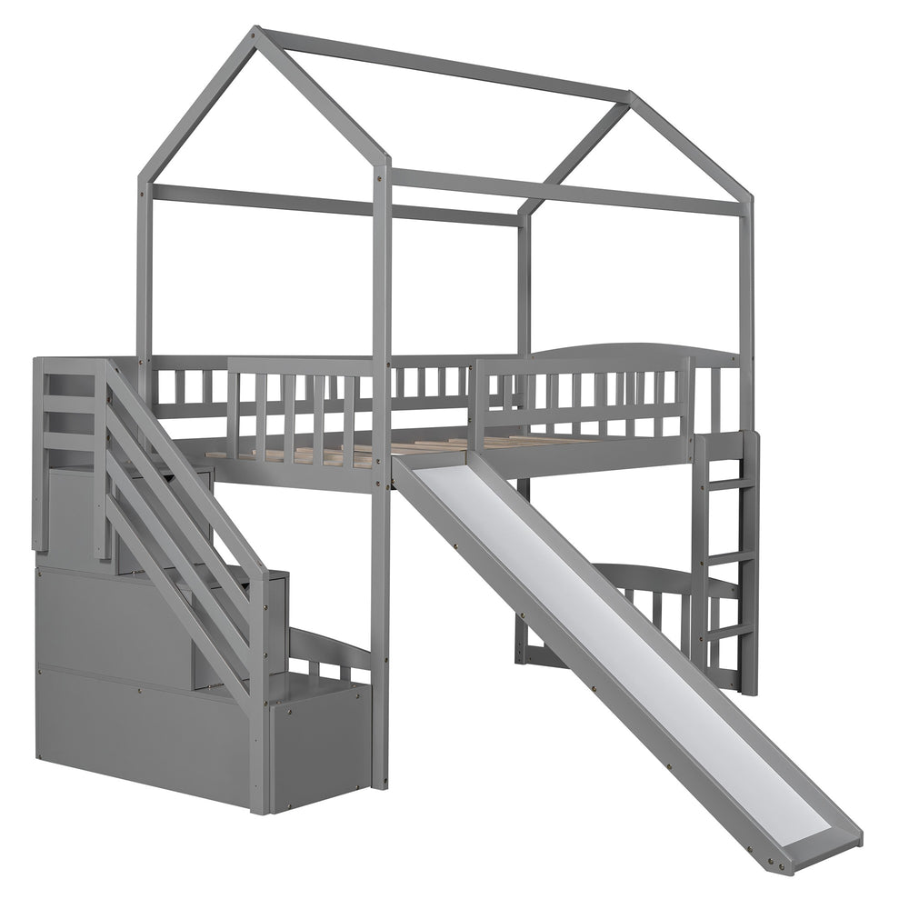 Homeroots Gray Twin Size Playhouse Loft Bed With Drawers And Slide  Manufactured Wood + Solid Wood 404205