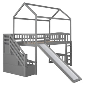 Homeroots Gray Twin Size Playhouse Loft Bed With Drawers And Slide  Manufactured Wood + Solid Wood 404205