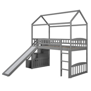 Homeroots Gray Twin Size Playhouse Loft Bed With Drawers And Slide  Manufactured Wood + Solid Wood 404205