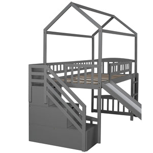 Homeroots Gray Twin Size Playhouse Loft Bed With Drawers And Slide  Manufactured Wood + Solid Wood 404205