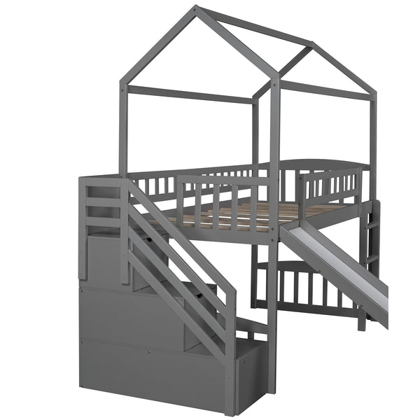 Homeroots Gray Twin Size Playhouse Loft Bed With Drawers And Slide  Manufactured Wood + Solid Wood 404205