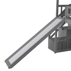 Homeroots Gray Twin Size Playhouse Loft Bed With Drawers And Slide  Manufactured Wood + Solid Wood 404205