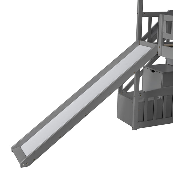 Homeroots Gray Twin Size Playhouse Loft Bed With Drawers And Slide  Manufactured Wood + Solid Wood 404205