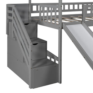 Homeroots Gray Twin Size Playhouse Loft Bed With Drawers And Slide  Manufactured Wood + Solid Wood 404205