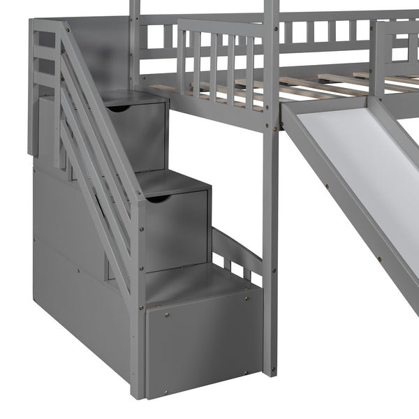 Homeroots Gray Twin Size Playhouse Loft Bed With Drawers And Slide  Manufactured Wood + Solid Wood 404205