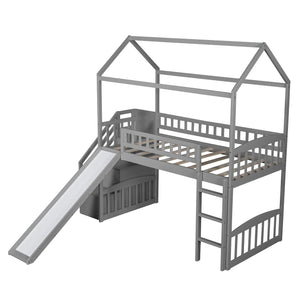 Homeroots Gray Twin Size Playhouse Loft Bed With Drawers And Slide  Manufactured Wood + Solid Wood 404205