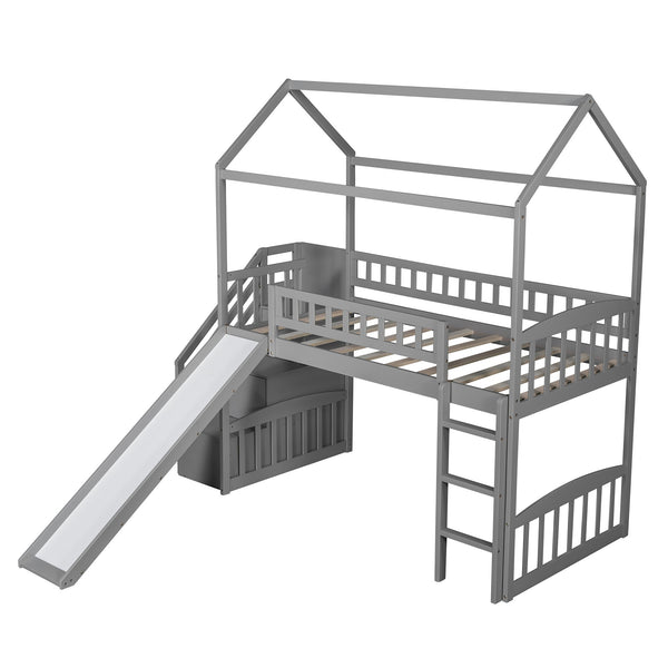 Homeroots Gray Twin Size Playhouse Loft Bed With Drawers And Slide  Manufactured Wood + Solid Wood 404205