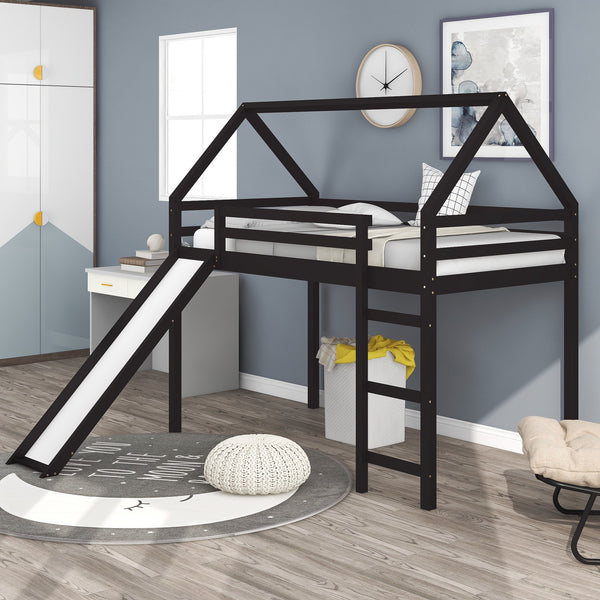 Homeroots Brown Twin Size Slide House Loft Bed  Manufactured Wood + Solid Wood 404213
