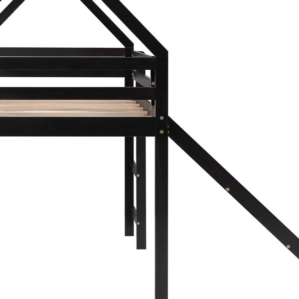 Homeroots Brown Twin Size Slide House Loft Bed  Manufactured Wood + Solid Wood 404213