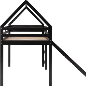 Homeroots Brown Twin Size Slide House Loft Bed  Manufactured Wood + Solid Wood 404213