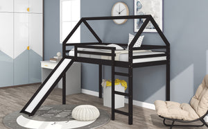 Homeroots Brown Twin Size Slide House Loft Bed  Manufactured Wood + Solid Wood 404213