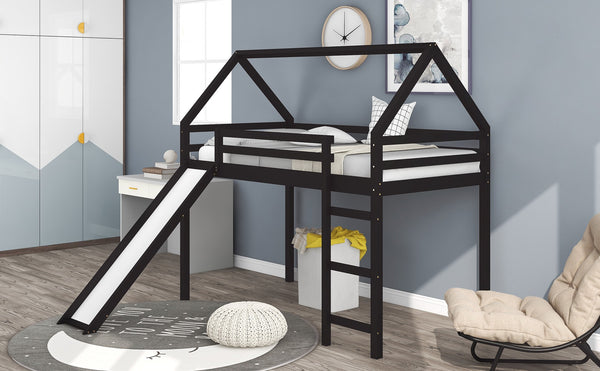 Homeroots Brown Twin Size Slide House Loft Bed  Manufactured Wood + Solid Wood 404213