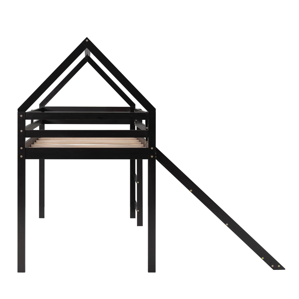 Homeroots Brown Twin Size Slide House Loft Bed  Manufactured Wood + Solid Wood 404213