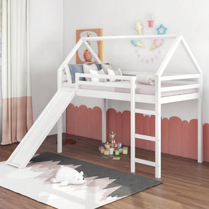 Homeroots White Twin Size Slide House Loft Bed  Manufactured Wood + Solid Wood 404214