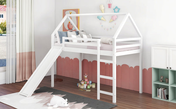 Homeroots White Twin Size Slide House Loft Bed  Manufactured Wood + Solid Wood 404214