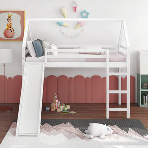 Homeroots White Twin Size Slide House Loft Bed  Manufactured Wood + Solid Wood 404214