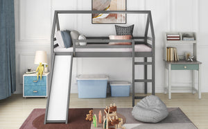 Homeroots Gray Twin Size Slide House Loft Bed  Manufactured Wood + Solid Wood 404215
