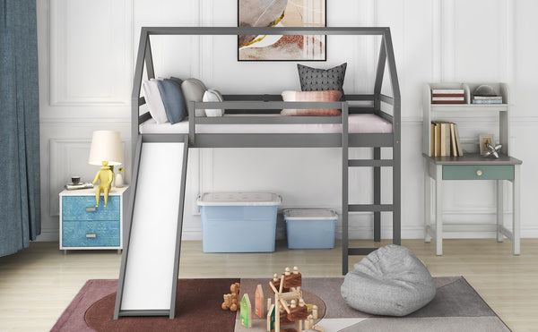 Homeroots Gray Twin Size Slide House Loft Bed  Manufactured Wood + Solid Wood 404215