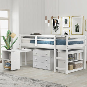 Homeroots White Low Twin Loft Bed With Cabinet And Desk  Manufactured Wood + Solid Wood 404216