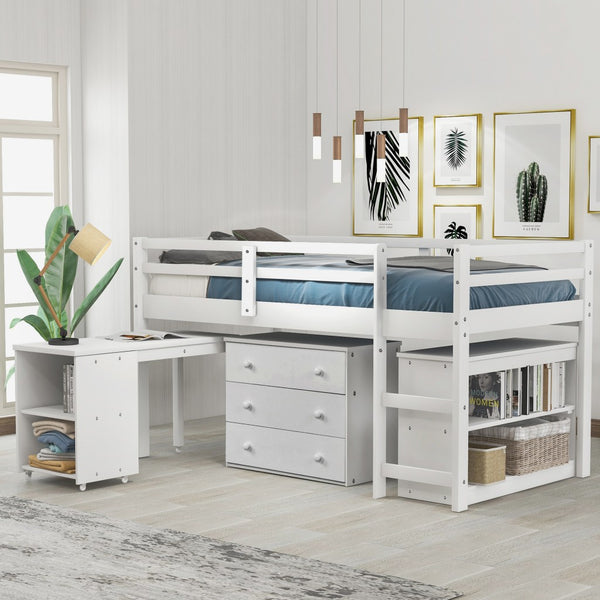 Homeroots White Low Twin Loft Bed With Cabinet And Desk  Manufactured Wood + Solid Wood 404216